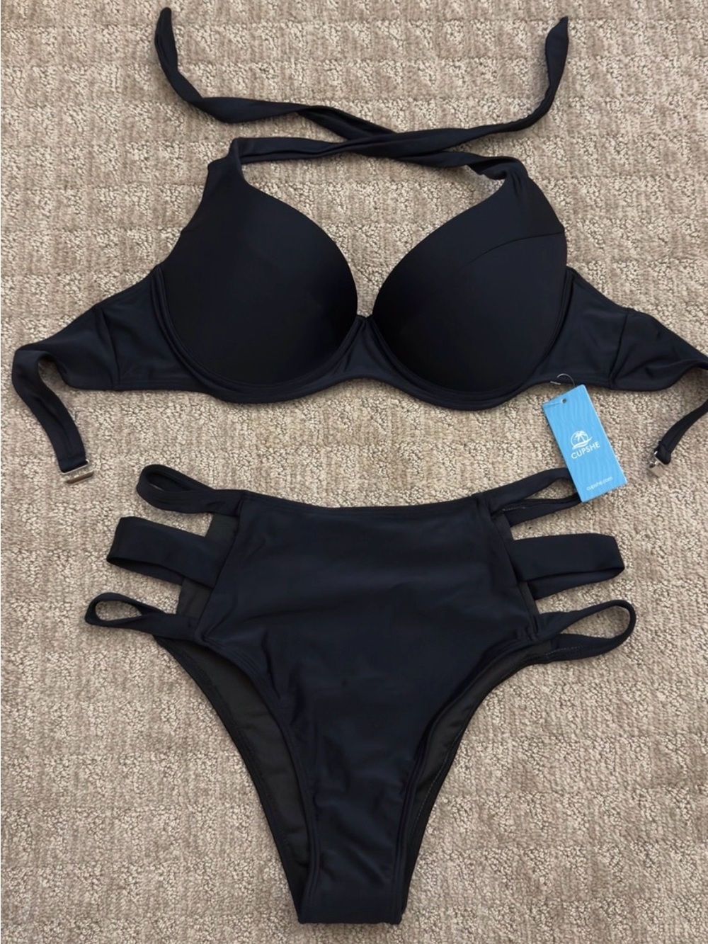 Cupshe Black Strappy High-Waist Two-Piece Swim Set
